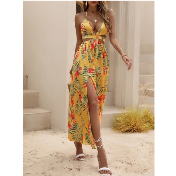 Yellow Boho Tropical Print Backless Maxi Dress V-Neck Floral Flared - Picture 4 of 9